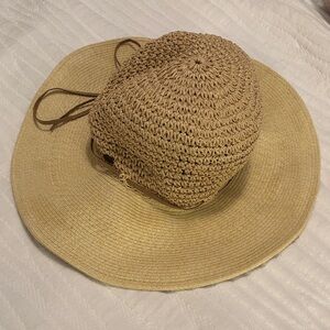 Scala Tan Woven Floppy Sun Hat With Suede small tied band EUC